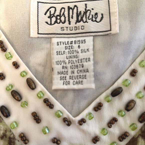 Bob Mackie Studio Cream, Brown & Green Lined Sleeveless 100% Silk Top  Size 6 - Picture 8 of 9